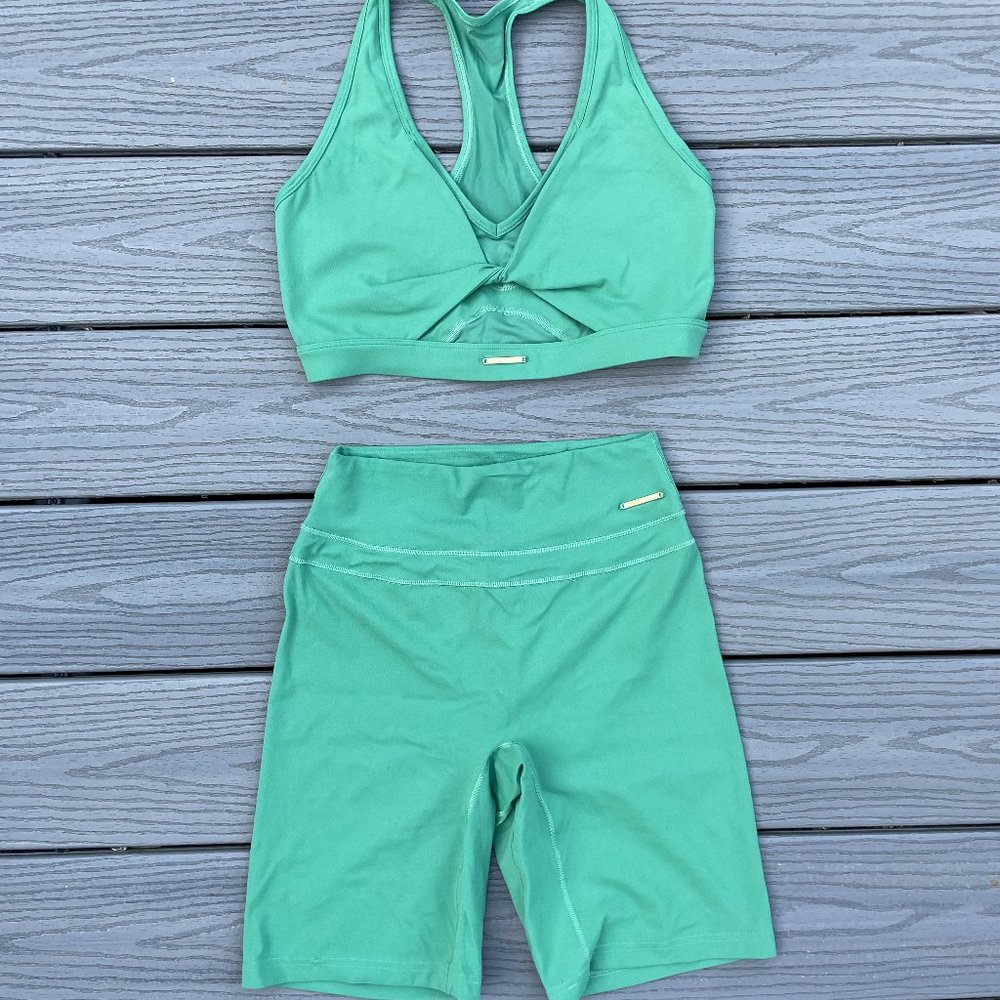 M Gym Shark Whitney Palm Green Bra & Bike Short Set